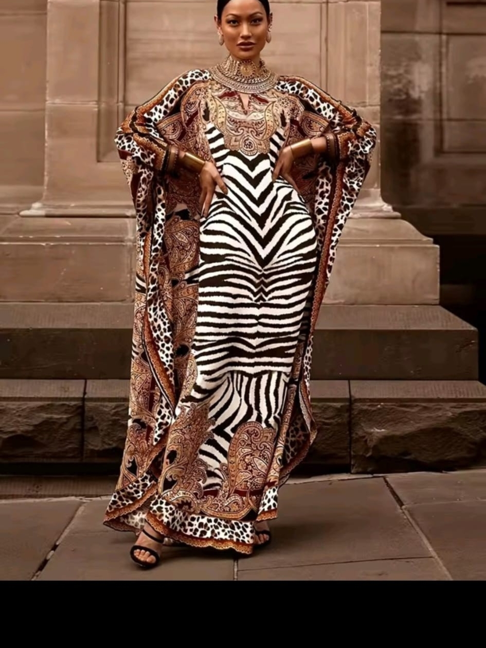 Bold Zebra & Paisley Maxi Kaftan in Black, White & Brown